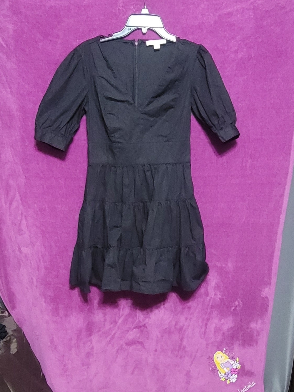 Michael Kors Black Tiered Midi Dress with Puff Sleeves